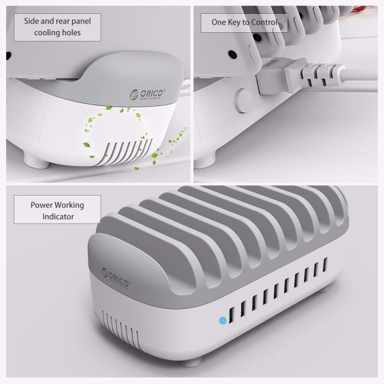 ORICO DUK-10P 120W 10 USB Ports Smart Charging Station with Phone & Tablet Stand, UK Plug(White) - Multifunction Charger by ORICO | Online Shopping South Africa | PMC Jewellery | Buy Now Pay Later Mobicred