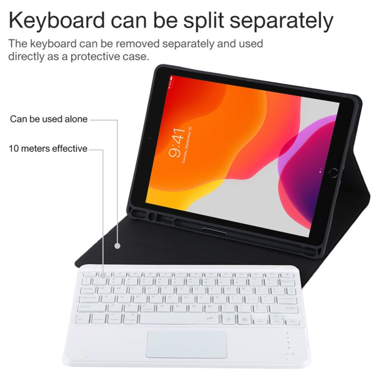 TG-102BCS Detachable Bluetooth White Keyboard + Microfiber Leather Tablet Case for iPad 10.2 inch / iPad Air (2019), with Touch Pad & Backlight & Pen Slot & Holder (Black) - For iPad Air by PMC TechLife | Online Shopping South Africa | PMC TechLife