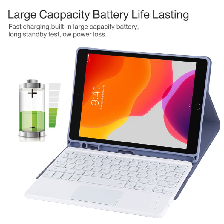 TG-102BCS Detachable Bluetooth White Keyboard + Microfiber Leather Tablet Case for iPad 10.2 inch / iPad Air (2019), with Touch Pad & Backlight & Pen Slot & Holder (Purple) - For iPad Air by PMC TechLife | Online Shopping South Africa | PMC TechLife