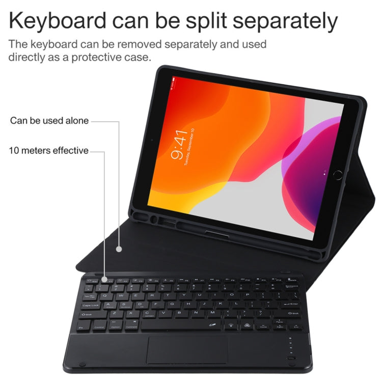 TG-102BCS Detachable Bluetooth Black Keyboard + Microfiber Leather Tablet Case for iPad 10.2 inch / iPad Air (2019), with Touch Pad & Backlight & Pen Slot & Holder (Black) - For iPad Air by PMC TechLife | Online Shopping South Africa | PMC TechLife