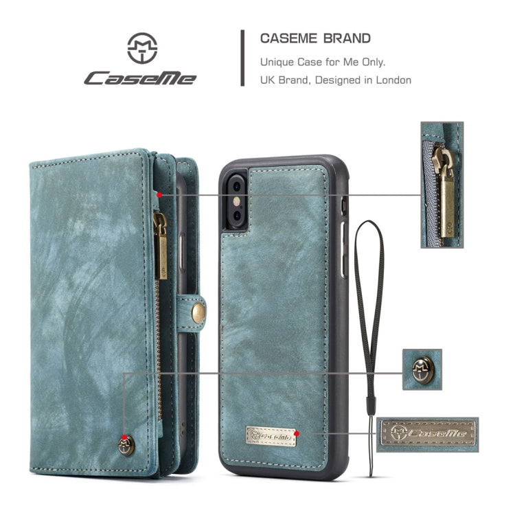 For iPhone X / XS CaseMe-008 TPU + PC Magnetic Absorption Detachable Back Cover Horizontal Flip Leather Case with Holder & Card Slots & Zipper Wallet & Photo Frame(Blue) - free shipping - PMC Jewellery - Order now!