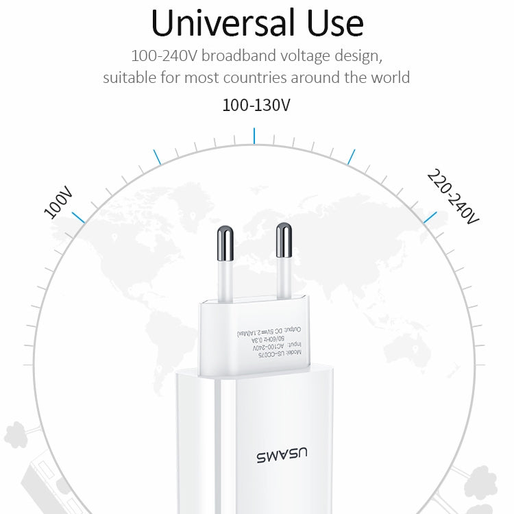 USAMS US-CC075 T18 2.1A Single USB Travel Charger, EU Plug (White) - USB Charger by USAMS | Online Shopping South Africa | PMC Jewellery | Buy Now Pay Later Mobicred