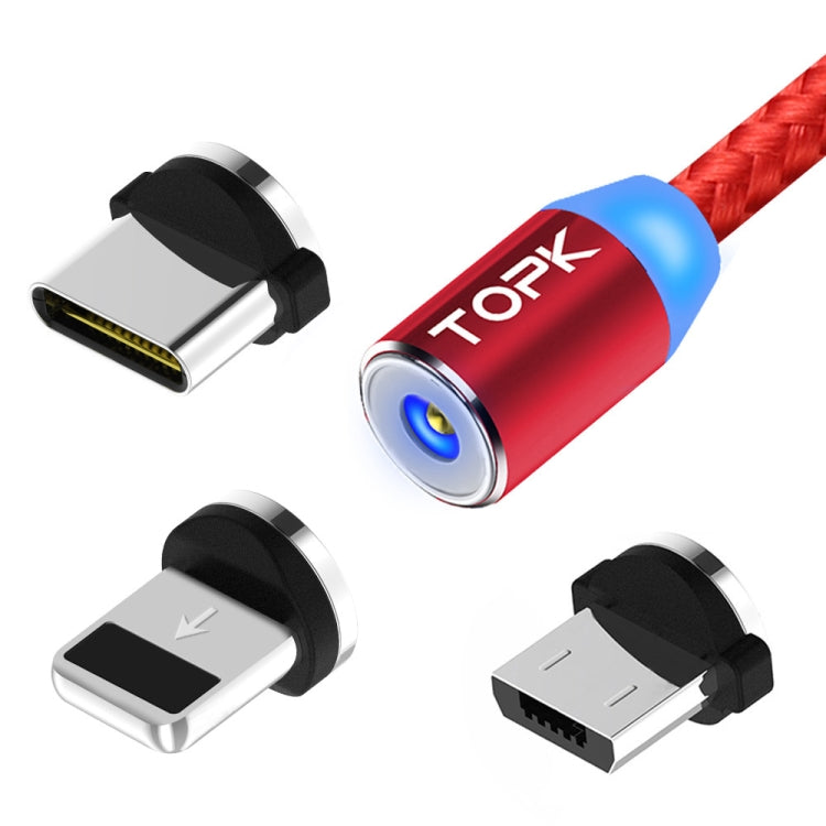 TOPK 2m 2.4A Max USB to 8 Pin + USB-C / Type-C + Micro USB Nylon Braided Magnetic Charging Cable with LED Indicator(Red) - Charging Cable & Head by TOPK | Online Shopping South Africa | PMC Jewellery | Buy Now Pay Later Mobicred