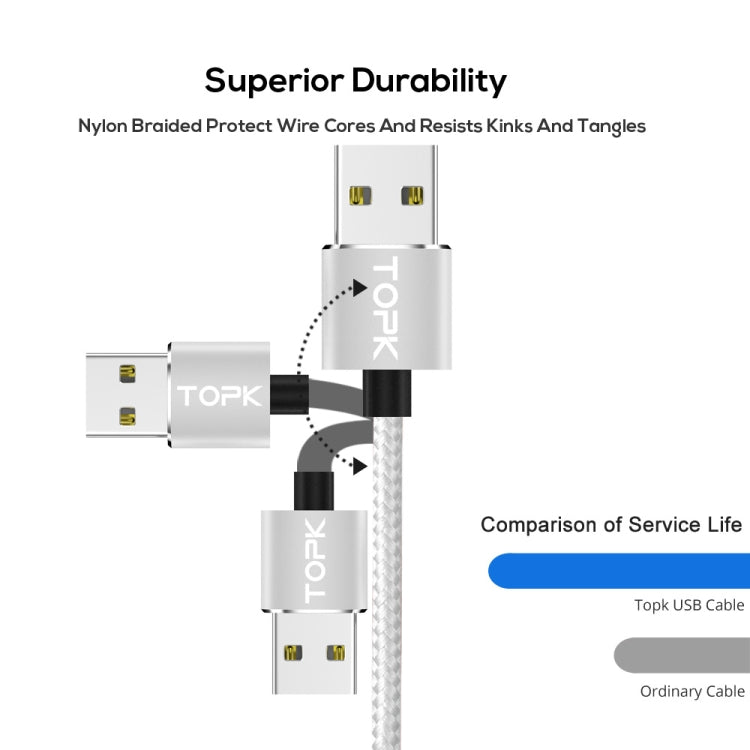 TOPK 2m 2.4A Max USB to 8 Pin + USB-C / Type-C + Micro USB Nylon Braided Magnetic Charging Cable with LED Indicator(Silver) - Charging Cable & Head by TOPK | Online Shopping South Africa | PMC Jewellery | Buy Now Pay Later Mobicred