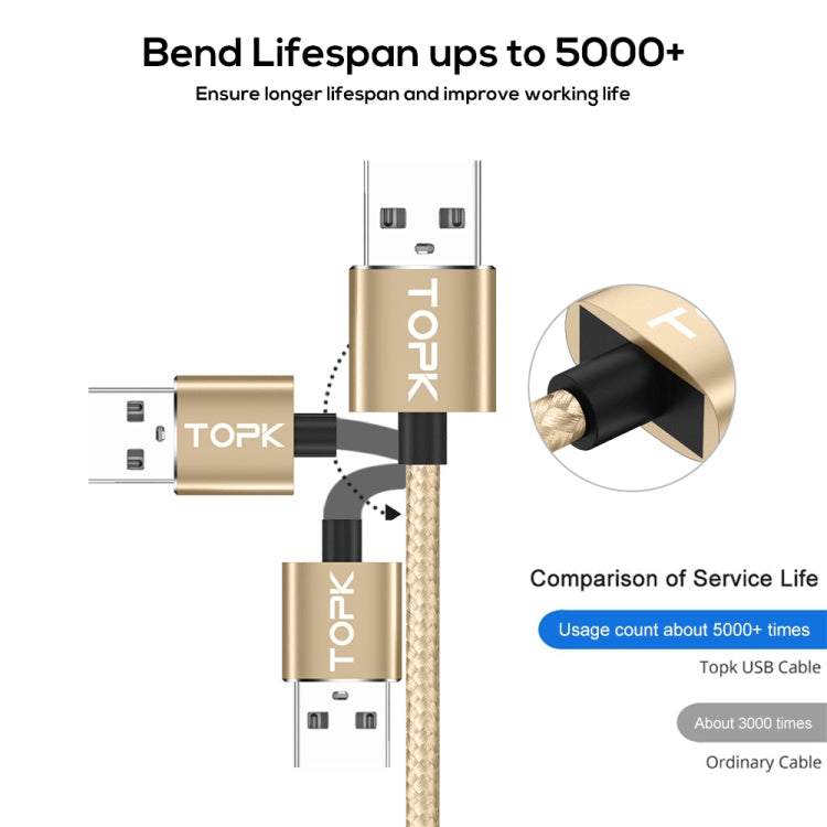 TOPK AM30 2m 2.4A Max USB to 8 Pin + USB-C / Type-C + Micro USB 90 Degree Elbow Magnetic Charging Cable with LED Indicator(Gold) - Charging Cable & Head by TOPK | Online Shopping South Africa | PMC Jewellery | Buy Now Pay Later Mobicred