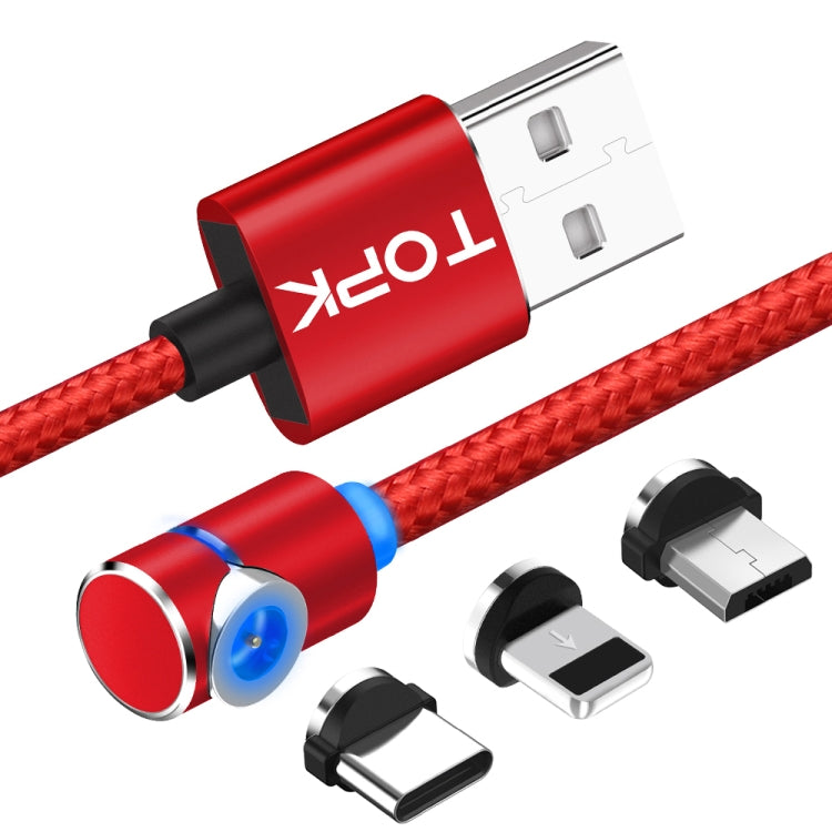 TOPK AM30 2m 2.4A Max USB to 8 Pin + USB-C / Type-C + Micro USB 90 Degree Elbow Magnetic Charging Cable with LED Indicator(Red) - Charging Cable & Head by TOPK | Online Shopping South Africa | PMC Jewellery | Buy Now Pay Later Mobicred