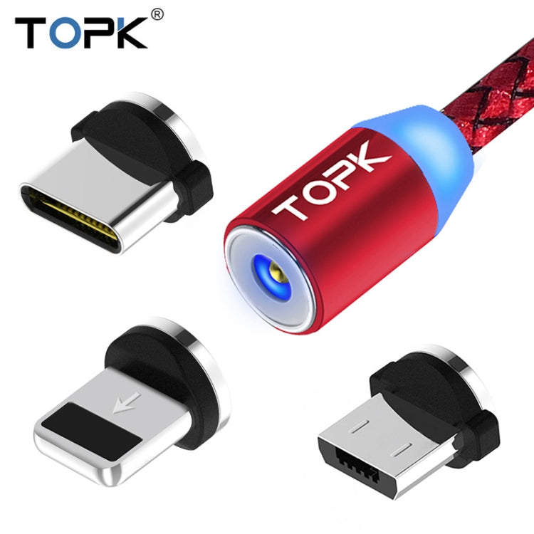 TOPK AM23 1m 2.1A Output USB to 8 Pin + USB-C / Type-C + Micro USB Mesh Braided Magnetic Charging Cable with LED Indicator(Red) - Charging Cable & Head by TOPK | Online Shopping South Africa | PMC Jewellery | Buy Now Pay Later Mobicred