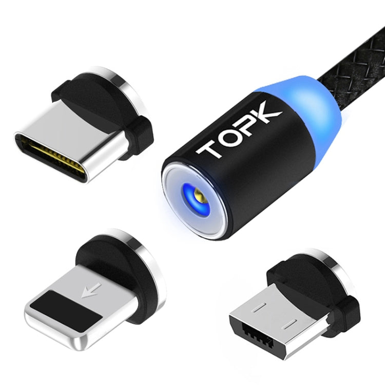 TOPK AM23 2m 2.1A Output USB to 8 Pin + USB-C / Type-C + Micro USB Mesh Braided Magnetic Charging Cable with LED Indicator(Black) - Charging Cable & Head by TOPK | Online Shopping South Africa | PMC Jewellery | Buy Now Pay Later Mobicred