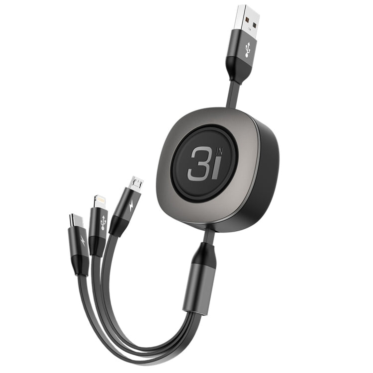 ROCK G3 5V 3.6A 3 in 1 8 Pin + Micro USB + USB-C / Type-C Retractable Fast Charging Data Cable, The Maximum Length: 1.2m(Black) - Multifunction Cable by ROCK | Online Shopping South Africa | PMC Jewellery | Buy Now Pay Later Mobicred