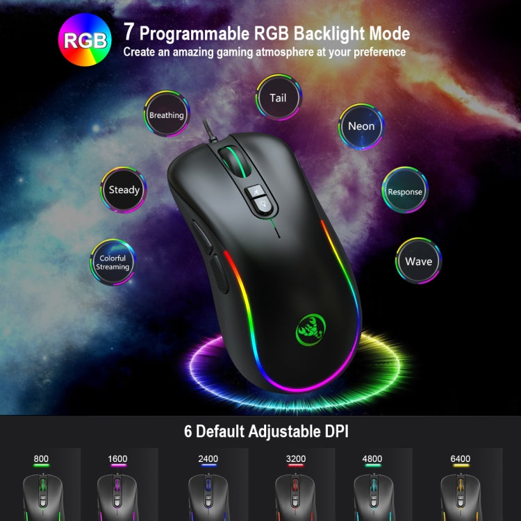 HXSJ J300 7 Keys RGB Lighting Programmable Gaming Wired Mouse(Black) - Wired Mice by HXSJ | Online Shopping South Africa | PMC Jewellery | Buy Now Pay Later Mobicred