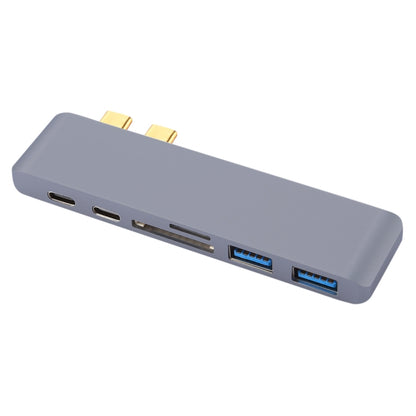 6 in 1 Multi-function Aluminium Alloy 5Gbps Transfer Rate Dual USB-C / Type-C HUB Adapter with 2 USB 3.0 Ports & 2 USB-C / Type-C Ports & SD Card Slot & TF Card Slot for Macbook 2015 / 2016 / 2017(Grey) - USB HUB by PMC Jewellery | Online Shopping South Africa | PMC Jewellery | Buy Now Pay Later Mobicred