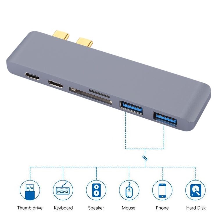 6 in 1 Multi-function Aluminium Alloy 5Gbps Transfer Rate Dual USB-C / Type-C HUB Adapter with 2 USB 3.0 Ports & 2 USB-C / Type-C Ports & SD Card Slot & TF Card Slot for Macbook 2015 / 2016 / 2017(Grey) - USB HUB by PMC Jewellery | Online Shopping South Africa | PMC Jewellery | Buy Now Pay Later Mobicred