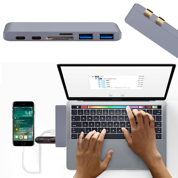 6 in 1 Multi-function Aluminium Alloy 5Gbps Transfer Rate Dual USB-C / Type-C HUB Adapter with 2 USB 3.0 Ports & 2 USB-C / Type-C Ports & SD Card Slot & TF Card Slot for Macbook 2015 / 2016 / 2017(Grey) - USB HUB by PMC Jewellery | Online Shopping South Africa | PMC Jewellery | Buy Now Pay Later Mobicred