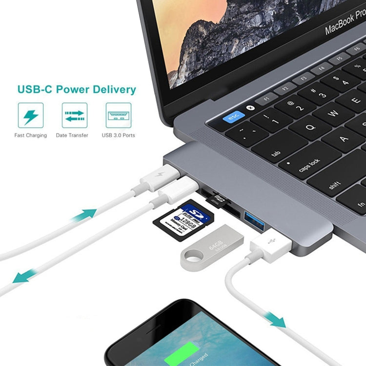 6 in 1 Multi-function Aluminium Alloy 5Gbps Transfer Rate Dual USB-C / Type-C HUB Adapter with 2 USB 3.0 Ports & 2 USB-C / Type-C Ports & SD Card Slot & TF Card Slot for Macbook 2015 / 2016 / 2017(Grey) - USB HUB by PMC Jewellery | Online Shopping South Africa | PMC Jewellery | Buy Now Pay Later Mobicred