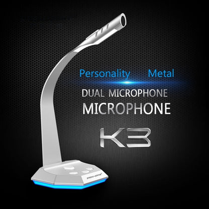 K3 Desktop Omnidirectional USB Wired Dual Mic Condenser Microphone with LED Night Light, Compatible with PC / Mac for Live Broadcast, Show, KTV, etc(Silver) - Microphone by PMC Jewellery | Online Shopping South Africa | PMC Jewellery | Buy Now Pay Later Mobicred