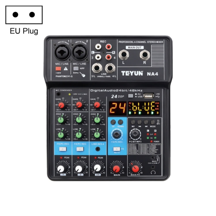 TEYUN NA4 4-channel Small Mixing Console Mobile Phone Sound Card Live Broadcast Computer Recording Console Processor, EU Plug(Black) - Live Sound Effects Processors by TEYUN | Online Shopping South Africa | PMC Jewellery | Buy Now Pay Later Mobicred