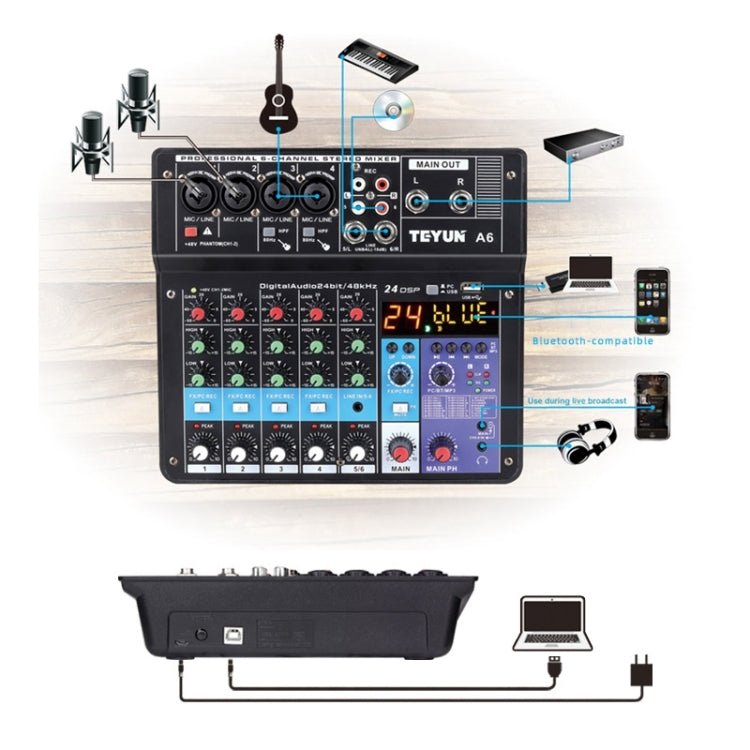 TEYUN NA6 6-channel Small Mixing Console Mobile Phone Sound Card Live Broadcast Computer Recording Console Processor, EU Plug(Black) - Live Sound Effects Processors by TEYUN | Online Shopping South Africa | PMC Jewellery | Buy Now Pay Later Mobicred