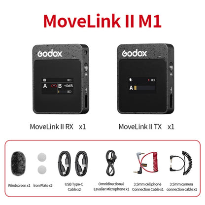 Godox MoveLink II M1 Wireless Lavalier Microphone System with Transmitters and Receiver for DSLR Cameras and Camcorders (Black) - Camera Microphone by Godox | Online Shopping South Africa | PMC Jewellery | Buy Now Pay Later Mobicred