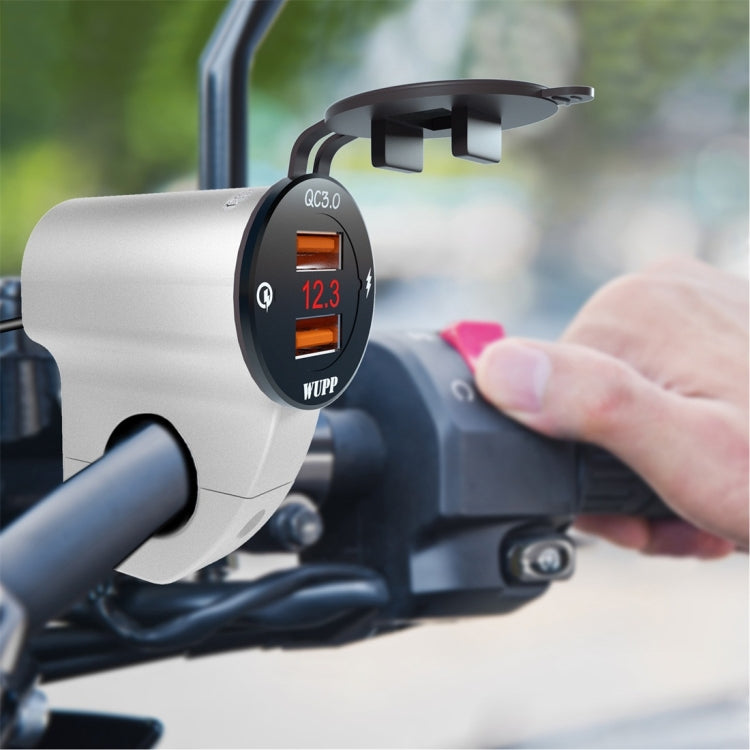 WUPP ZH-975A3 Motorcycle Aluminum Alloy Waterproof Mobile Phone Double QC3.0 Quick Charging Charger with Voltmeter(Silver) - free shipping - PMC TechLife - Order now!