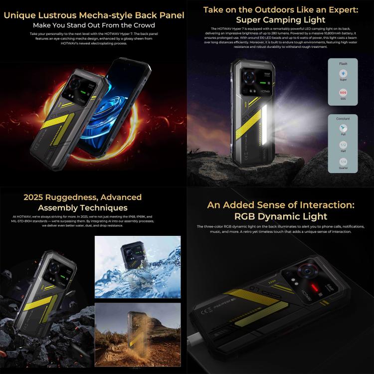 HOTWAV Hyper 7 Rugged Phone, 8GB+256GB, 10800mAh, 6.6 inch Android 14 MediaTek Dimensity 7050 5G, Network: 5G, OTG, NFC (Punk Yellow) - free shipping - PMc TechLife - Order now!
