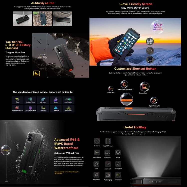 Blackview BV4800 SE Rugged Phone, 4GB+64GB, 6.56 inch Android 15 UMS9320E T615 Octa Core, Network: 4G, OTG, NFC (Orange) - free shipping - PMc TechLife - Order now!