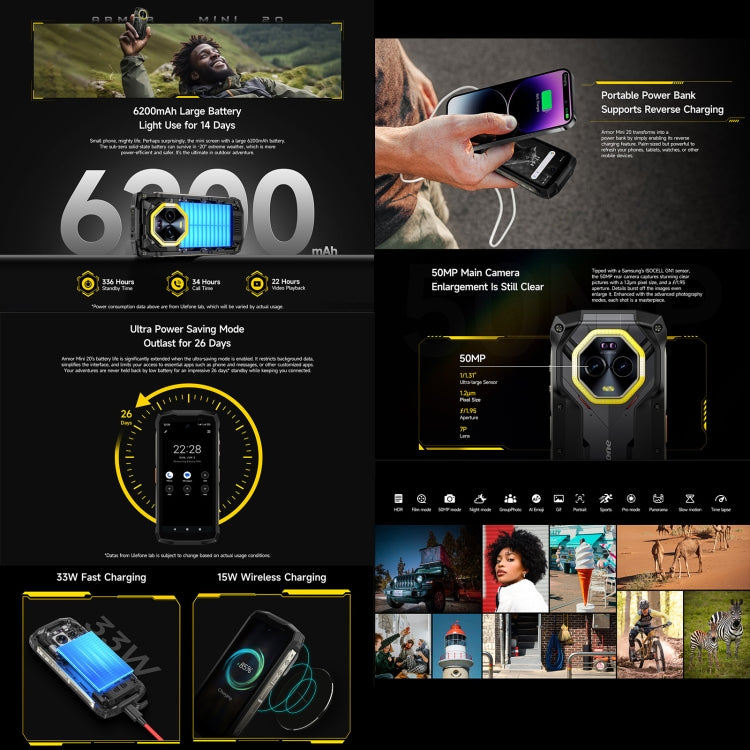 Ulefone Armor Mini 20, Night Vision, 8GB+256GB, IP68/IP69K Rugged Phone, 4.7 inch Android 14 MediaTek Dimensity 6300 Octa Core, Network: 4G, NFC, OTG (Black) - free shipping - PMC Jewellery - Order now!