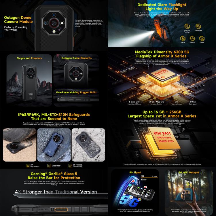 Ulefone Armor X32 Pro 5G, 8GB+256GB, Night Vision, IP68/IP69K Rugged Phone, 5.65 inch Android 14 MediaTek Dimensity 6300 Octa Core, Network: 5G, NFC, OTG (Few Orange) - free shipping - PMc TechLife - Order now!