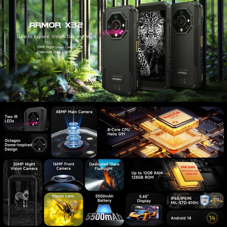 Ulefone Armor X32 Rugged Phone, 6GB+128GB, Night Vision, 5.65 inch Android 14 MediaTek Helio G91 Octa Core, Network: 4G, NFC, OTG (Lightsome Green) - free shipping - PMC TechLife - Order now!