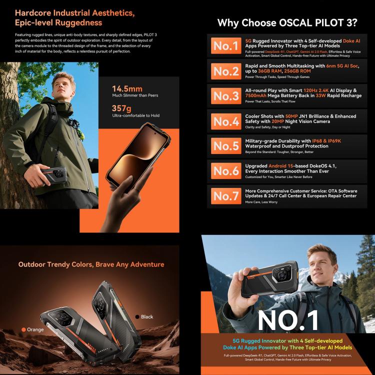 Blackview Oscal Pilot 3 5G Rugged Phone, 12GB+256GB, Night Vision Camera, 6.78 inch Android 15 MediaTek Dimensity 6300 Octa Core, Network: 5G, OTG, NFC (Black) - free shipping - PMC TechLife - Order now!