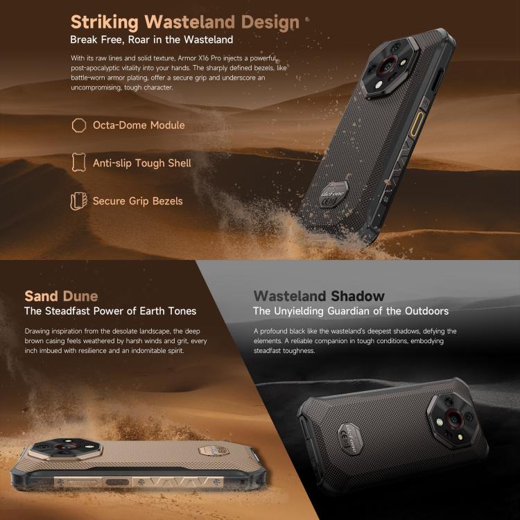 Ulefone Armor X16 Pro, 8GB+256GB, Night Vision, IP68/IP69K Rugged Phone, 6.56 inch Android 15 MediaTek Dimensity 6300 Octa Core, Network: 5G, NFC, OTG (Wasteland Shadow) - free shipping - PMC TechLife - Order now!
