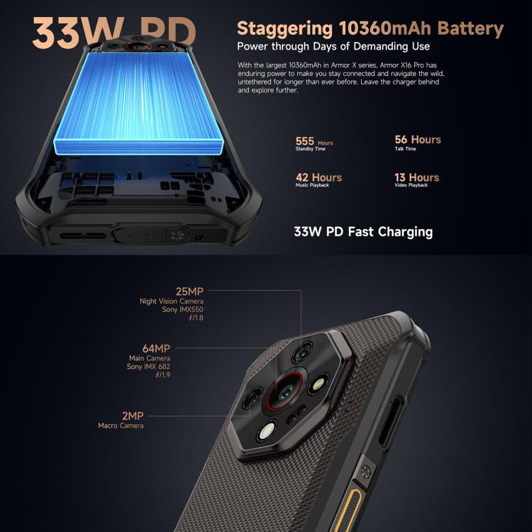 Ulefone Armor X16 Pro, 8GB+256GB, Night Vision, IP68/IP69K Rugged Phone, 6.56 inch Android 15 MediaTek Dimensity 6300 Octa Core, Network: 5G, NFC, OTG (Sand Dune) - free shipping - PMC TechLife - Order now!