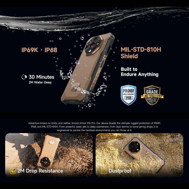 Ulefone Armor X16 Pro, 8GB+256GB, Night Vision, IP68/IP69K Rugged Phone, 6.56 inch Android 15 MediaTek Dimensity 6300 Octa Core, Network: 5G, NFC, OTG (Sand Dune) - free shipping - PMC TechLife - Order now!