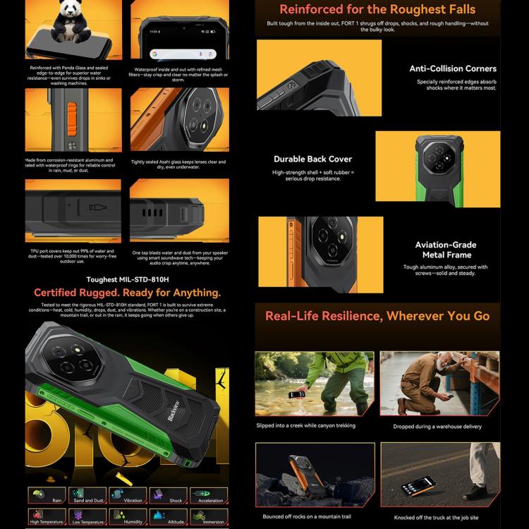 Blackview FORT 1, 6GB+256GB, 6.56 inch Android 15 Unisoc UMS9230E T615 Octa Core, Network: 4G, OTG, NFC (Green) - free shipping - PMC TechLife - Order now!