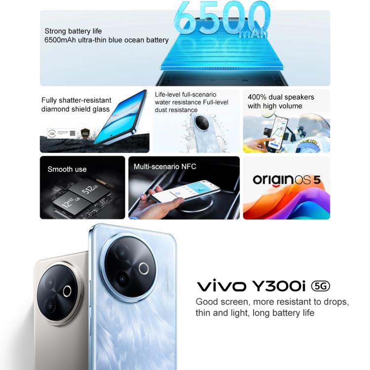 vivo Y300i, 12GB+256GB, Face ID / Side Fingerprint, 6.68 inch Android 15 OriginOS 5 Snapdragon 4 Gen 2 Octa Core, OTG, NFC, Network: 5G (Blue) - free shipping - PMc TechLife - Order now!