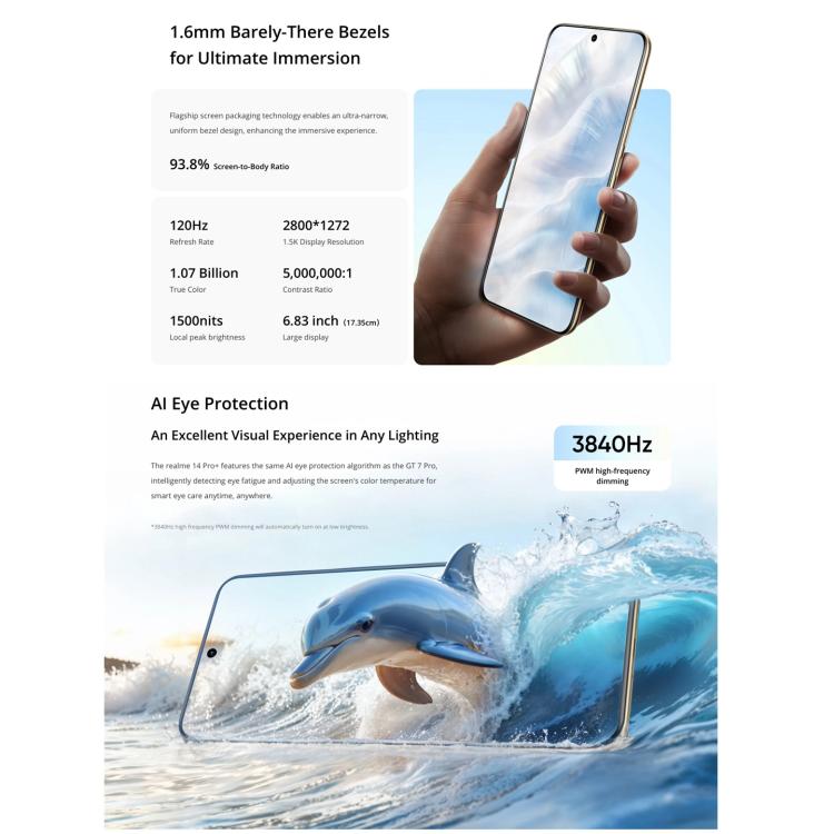 Realme 14 Pro+, 12GB+256GB, Screen Fingerprint Identification, 6.83 inch Realme UI 6.0 Snapdragon 7s Gen 3 Octa Core, NFC, Network: 5G (Grey) - free shipping - PMc TechLife - Order now!