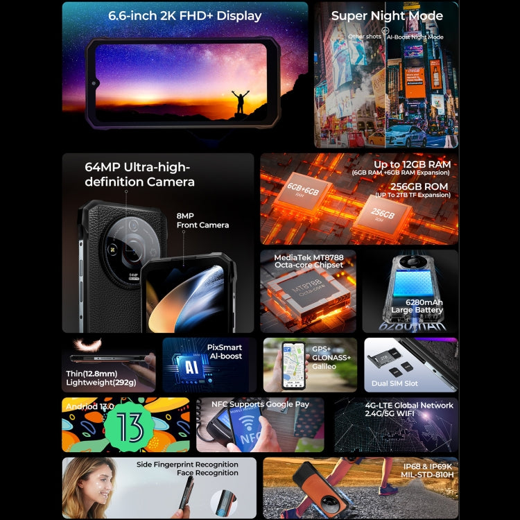 HOTWAV T7 Pro Rugged Phone, 6GB+256GB, 6280mAh, 6.6 inch Android 13 MT8788 Octa Core, Network: 4G, OTG (Orange) - free shipping - PMC TechLife - Order now!