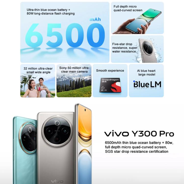 vivo Y300 Pro, 8GB+256GB, Face ID / Screen Fingerprint Identification, 6.77 inch Android 14 OriginOS 4 Snapdragon 6 Gen 1 Octa Core, OTG, Network: 5G (Cyan) - free shipping - PMc TechLife - Order now!