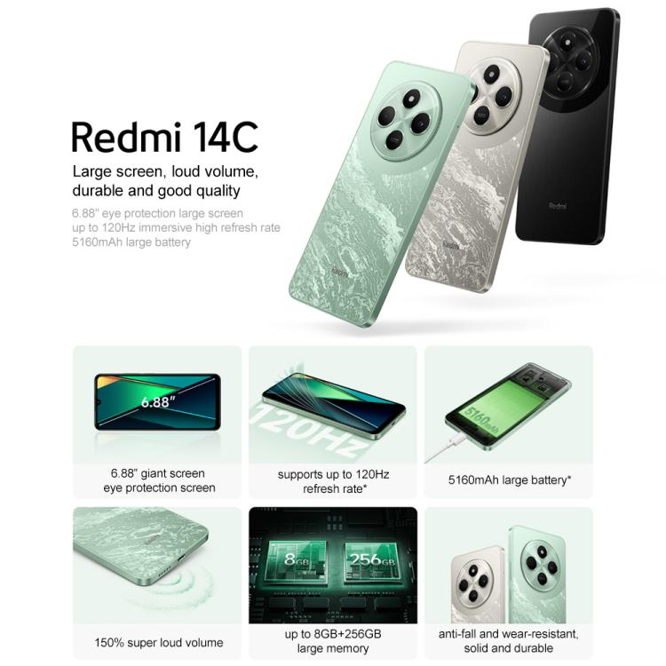 Xiaomi Redmi 14C, 4GB+64GB, 6.88 inch Xiaomi HyperOS MediaTek Helio G81-Ultra Octa Core, Network: 4G, Not Support Google Play Store(Green) - free shipping - PMc TechLife - Order now!