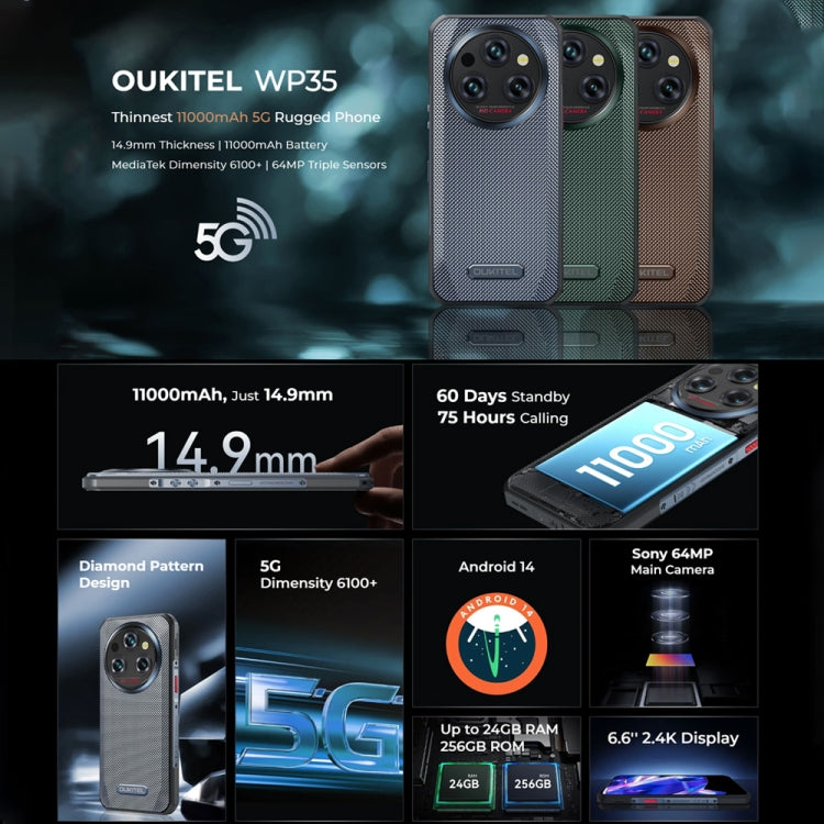 Oukitel WP35 5G Rugged Phone, 8GB+256GB, IP68/IP69K Fingerprint Identification, 11000mAh, 6.6 inch MediaTek Dimensity 6100+ Octa Core, NFC, OTG, Network: 5G (Green) - free shipping - PMC TechLife - Order now!