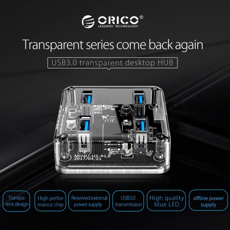 ORICO MH4U-30 USB 3.0 Transparent Desktop HUB with 30cm Micro USB Cable - USB 3.0 HUB by ORICO | Online Shopping South Africa | PMC Jewellery | Buy Now Pay Later Mobicred