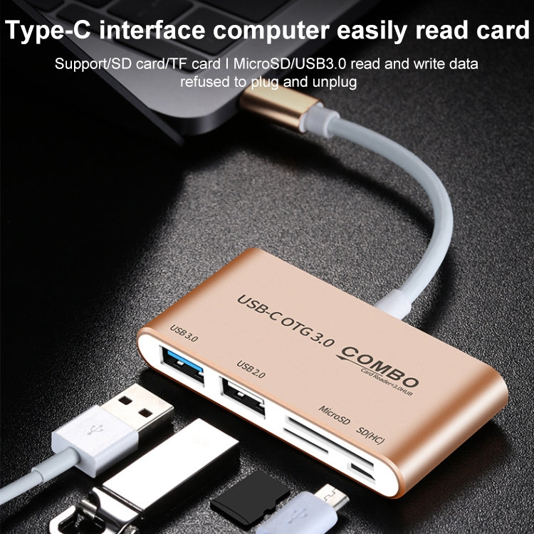 COMBO T-693 5 in 1 USB-C / Type-C to SD / TF / Micro SD Card Slot + USB 3.0 + USB 2.0Ports OTG HUB Card Reader(Gold) - free shipping - PMC Jewellery - Order now!