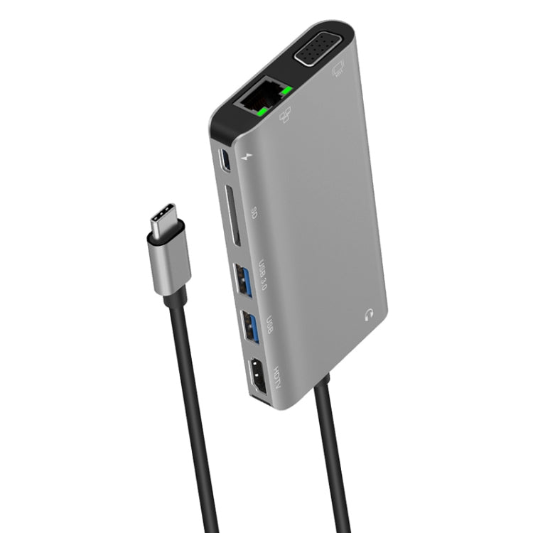 Onten 9591BD 8 in 1 USB-C / Type-C to PD USB-C / Type-C Charging + Gigabit Ethernet + Dual USB 3.0 + HDMI + VGA + SD Card Slot + 3.5mm AUX HUB(Grey) - free shipping - PMC Jewellery - Order now!