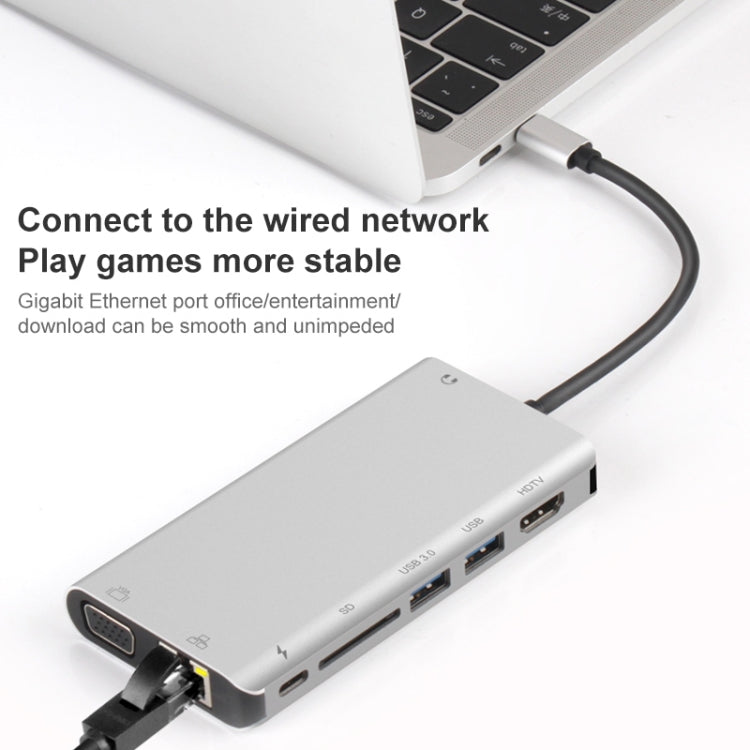 Onten 9591BD 8 in 1 USB-C / Type-C to PD USB-C / Type-C Charging + Gigabit Ethernet + Dual USB 3.0 + HDMI + VGA + SD Card Slot + 3.5mm AUX HUB(Silver) - free shipping - PMC Jewellery - Order now!
