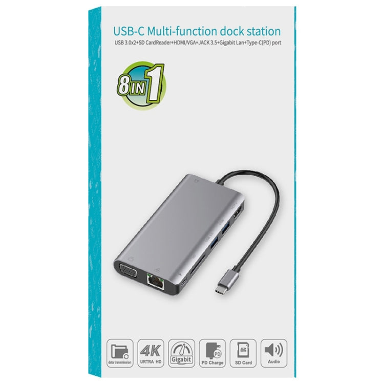 Onten 9591BD 8 in 1 USB-C / Type-C to PD USB-C / Type-C Charging + 100M Ethernet Port + Dual USB 3.0 + HDMI + VGA + SD Card Slot + 3.5mm AUX HUB (Black) - free shipping - PMC Jewellery - Order now!