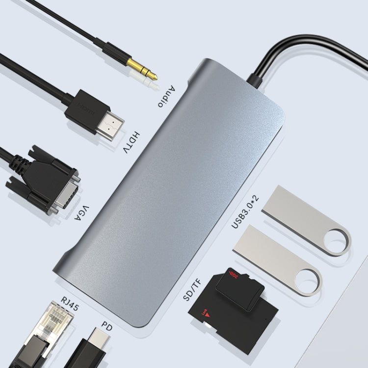 9 in 1 RJ45 + PD + SD/TF + USB 3.0 x 2 + HDMI + VGA + Audio to USB-C / Type-C HUB Adapter - USB HUB by PMC Jewellery | Online Shopping South Africa | PMC Jewellery | Buy Now Pay Later Mobicred