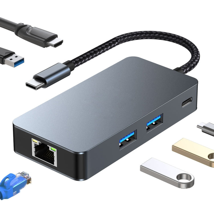 BYL-2308 6 in 1 USB-C / Type-C to USB3.2 + Gigabit Internet + HDTV HUB Adapter (Dark Gray) - USB HUB by PMC Jewellery | Online Shopping South Africa | PMC Jewellery | Buy Now Pay Later Mobicred