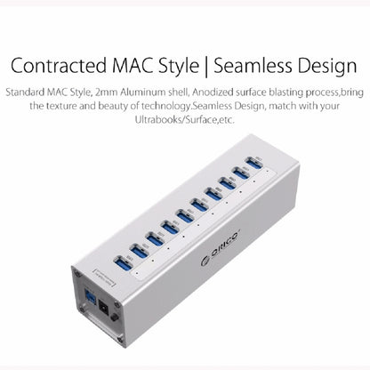 ORICO A3H10 Aluminum High Speed 10 Ports USB 3.0 HUB with Power Adapter for Laptops(Silver) - USB 3.0 HUB by ORICO | Online Shopping South Africa | PMC Jewellery | Buy Now Pay Later Mobicred