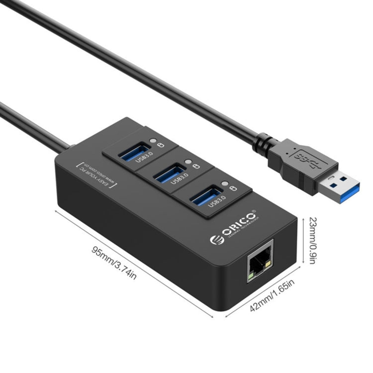 ORICO HR01-U3 ABS 3 Ports USB3.0 HUB Splitter with External RJ45 Gigabit Ethernet Network Card 5 Gbps for Laptops / Desktop / Ultrabook etc.(Black) - free shipping - PMC TechLife - Order now!
