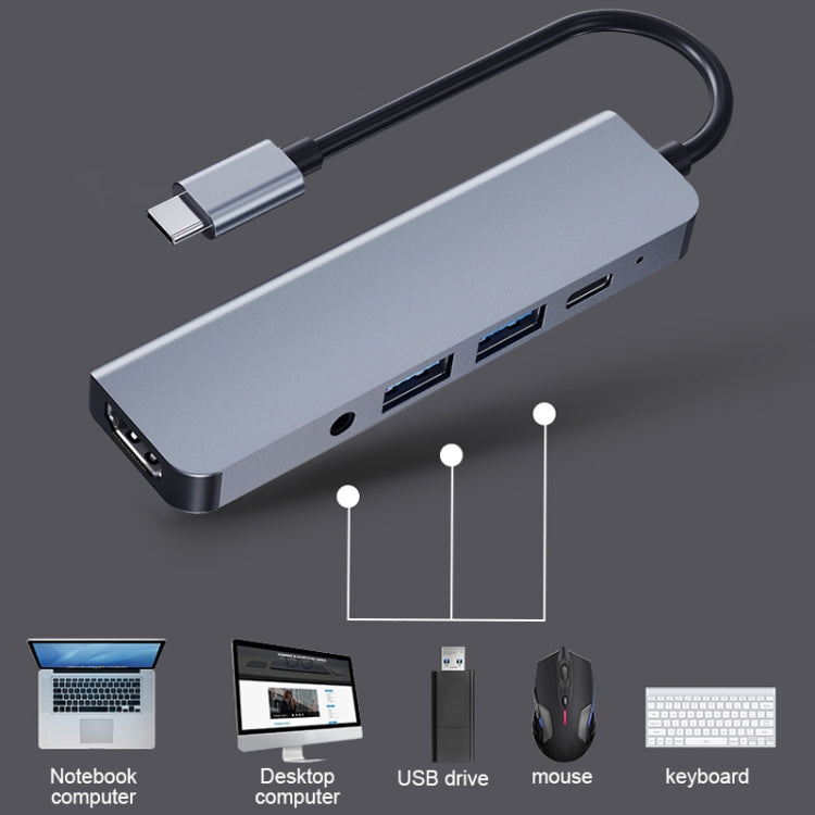 2008N 5 In 1 USB 3.0 x2 + HDMI + PD + 3.5mm Port Multi-function Intelligent Type-C / USB-C HUB Docking Station - USB HUB by PMC Jewellery | Online Shopping South Africa | PMC Jewellery | Buy Now Pay Later Mobicred