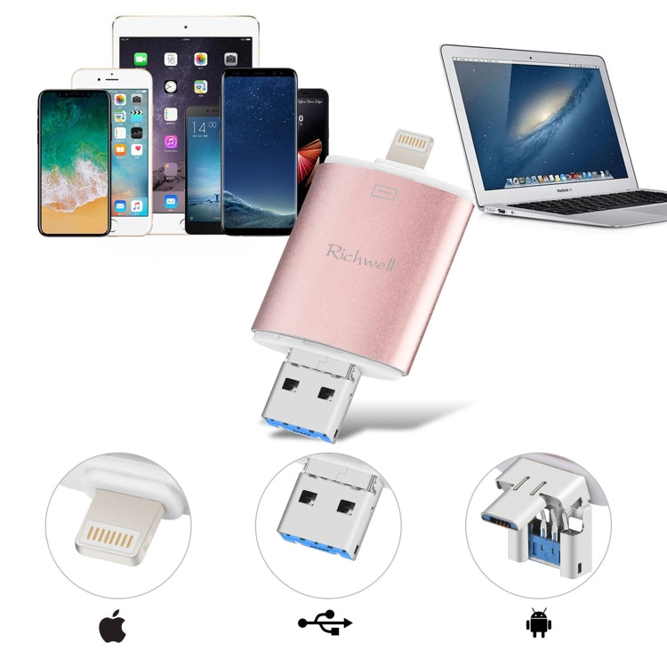 Richwell 3 in 1 16G Type-C + 8 Pin + USB 3.0 Metal Double Cover Push-pull Flash Disk with OTG Function(Rose Gold) - U Disk & Card Reader by Richwell | Online Shopping South Africa | PMC Jewellery | Buy Now Pay Later Mobicred